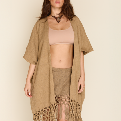 KHAKI FRINGE PONCHO