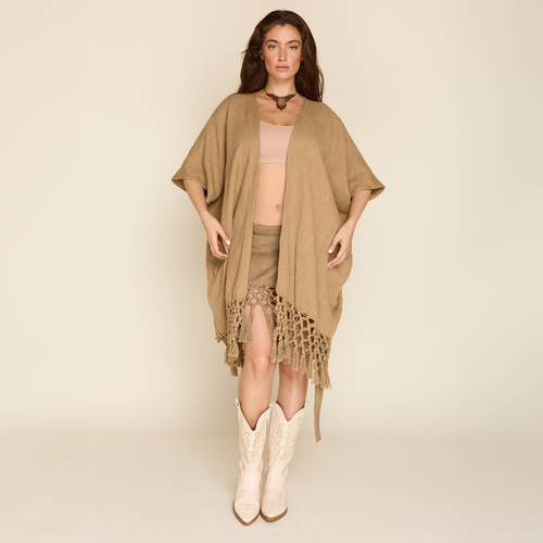 KHAKI FRINGE PONCHO