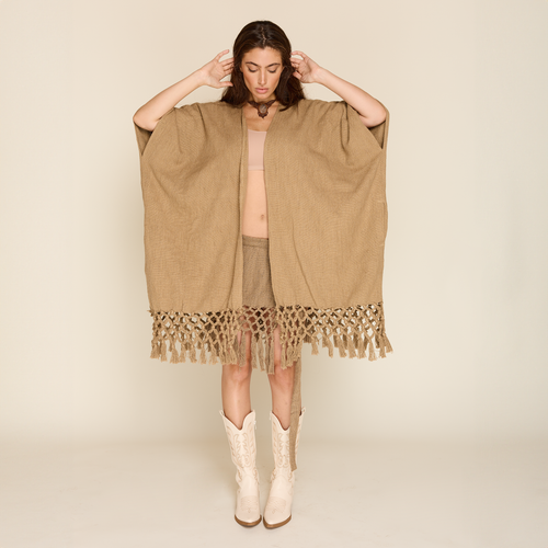 KHAKI FRINGE PONCHO