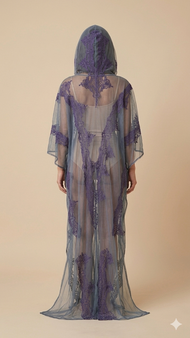BLUE MIST LACE HOODED LONG PONCHO