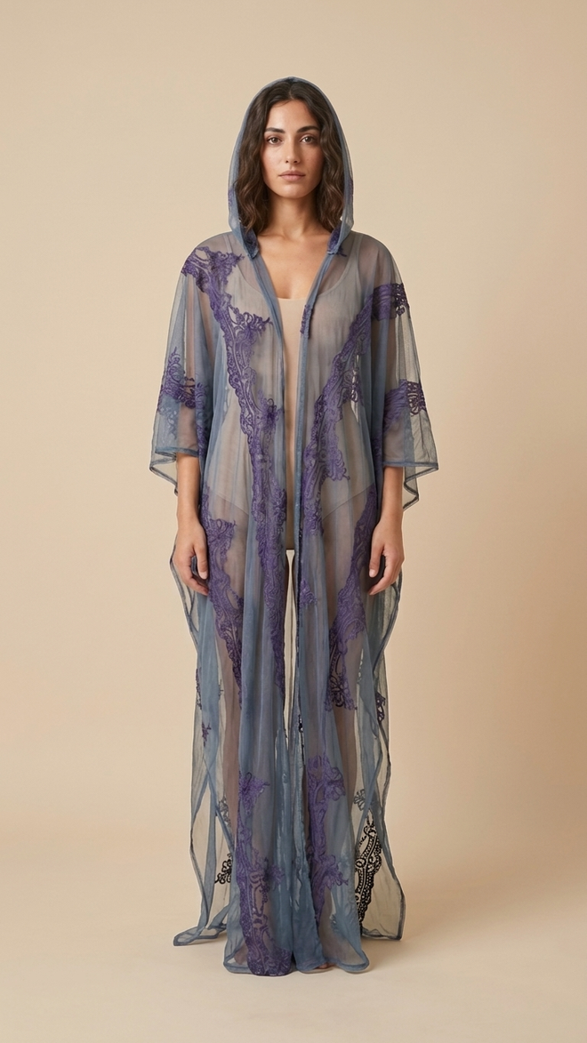 BLUE MIST LACE HOODED LONG PONCHO