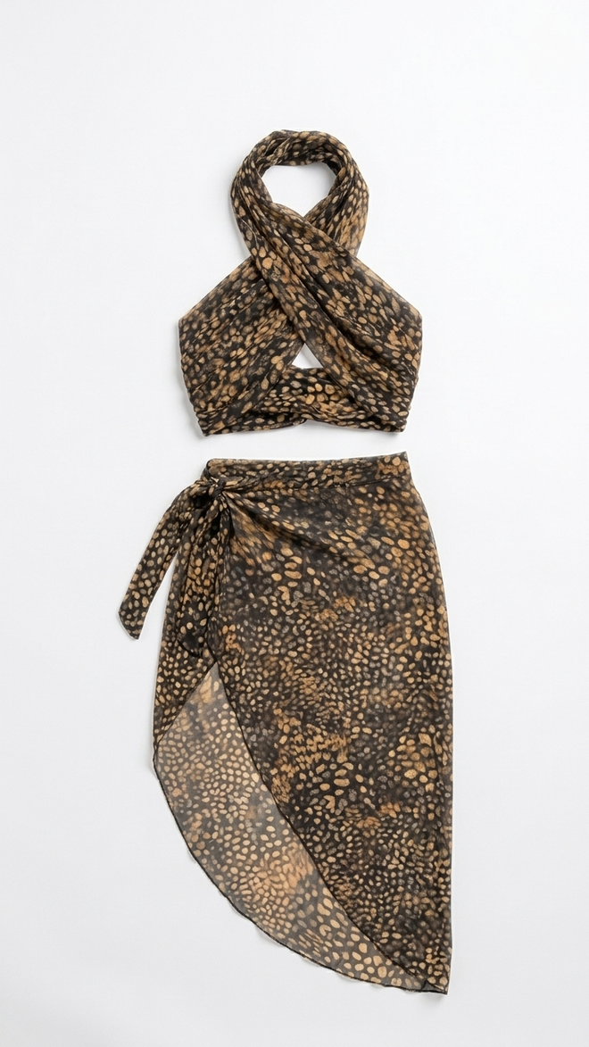 LEOPARD NET WRAP SKIRT AND TOP