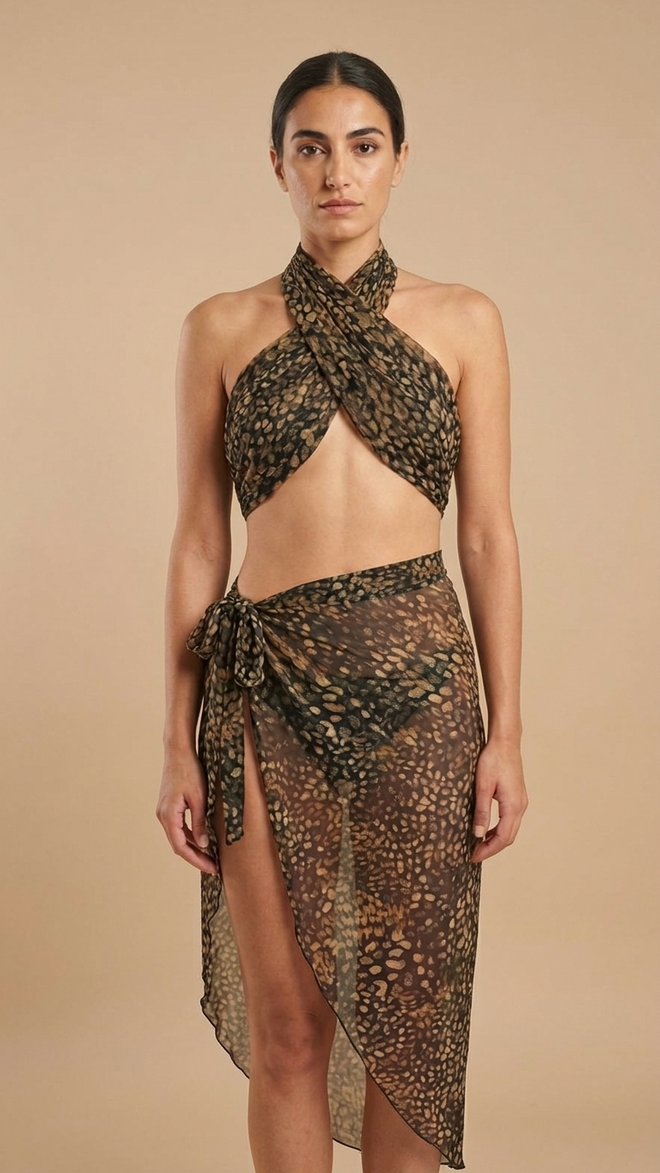 LEOPARD NET WRAP SKIRT AND TOP