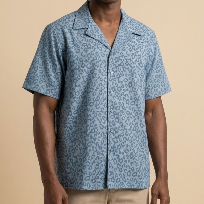 LEOPARD DENIM HALF SLEEVE SHIRT